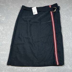 H&M Wrap Skirt Size 12 Black W/ Red And White Stripe Knee Length Attached Belt